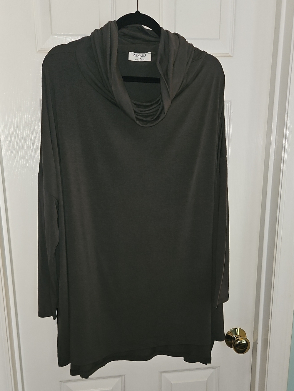 Zenana Olive-Charcoal Cowl Neck Tunic 3X Soft Flowy Side Split 3/4 Sleeves